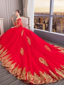 Saudi Arabia Wedding Dress Top Quality Red Bridal Gowns Tulle Organza with Gold Floral Applique Court Train