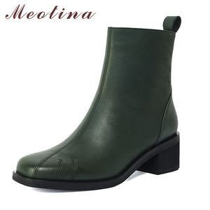 Meotina Hakiki Deri Yüksek Topuk Ayak Bileği Çizmeler Kadın Ayakkabı Zip Yuvarlak Ayak Tıknaz Topuklu Lady Kısa Çizmeler Kış Yeşil Boyutu 33-40 210520