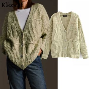 Klkxmyt Za Frauen Mode Diamant Knöpfe Strickjacke Pullover Vintage V-ausschnitt Langarm Weibliche Oberbekleidung Chic Tops 210527