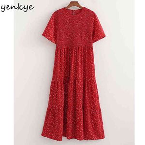 Sommer Frauen Floral Print Rotes Kleid Weibliche Kurzarm O Neck Robe Dünne Beiläufige Lange 210430