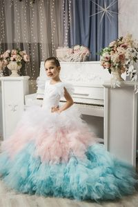 Colorful Flower Girl Dress Jewel Neck Sweep Train Appliqued Tiered Tulle Custom Made Birthday Gowns Pageant First Communion Dresses