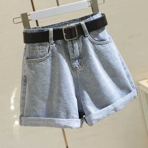 Ailegogo Streetwear High Waist Women Blue Denim Shorts With Belt Summer Casual Female Wide Leg Plus Size 2xl Jeans Shorts 210611