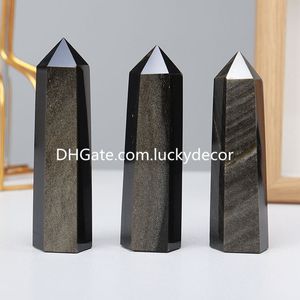 Gold Sheen Black Obsidian Crystal Stone Points Generator Crafts, Natural Golden Volcanic Glass Mexico Polished Obelisk Tower Wand for Office, Home, Meditation, Chakra