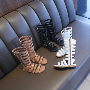 Little Girls Gladiator Sandals High Boots Roman Shoes for Kids Children Leather Summer Brown Black Toddler Baby 210712