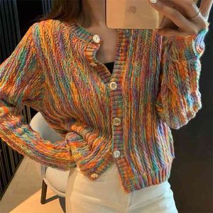 Autumn Winter Rainbow Jumper Knitted Women Sweater Cardigan Female Korean Casual O Neck Knitwear Coat Pull Femme 210514