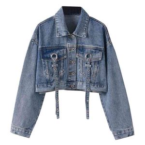 Mulheres Denim Curto Cropped Jaqueta Azul Tassel C0138 210514