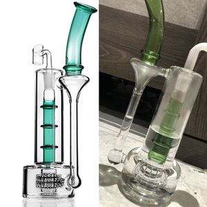 10 Zoll dunkelgrüne Shisha-Glaswasserbong in Bambusform, raffinierte Glocke, Recycler-Dab-Rig mit grünem 14,4-mm-Perc-Gelenk