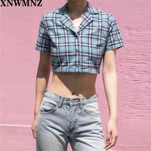 夏のクロップトップの女性半袖チェック柄のシャツ韓国のボタンアップトップス210520