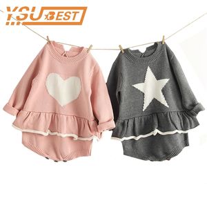 Jesień Cute Girls Dzianiny Born Girl Ubrania Serce Wzorzyste Moda Dzianiny Baby Romper Kombinezony Wzburzyć 210417