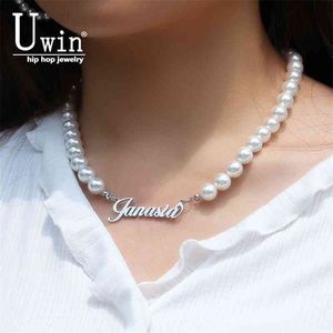 Uwin DIY Name Round Pearl Letters Art Font Stainless Steel Nameplate Pendant For Women Vintage Necklace Birthday Gift