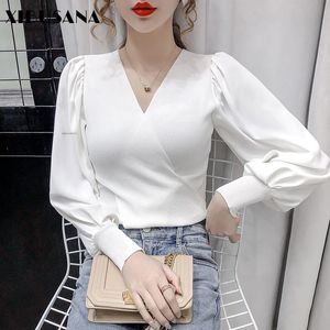 V-Neck Kobiety Swetry Pulower Wiosna Jesień Szyfonowy Rękaw Puff Patchwork Dzianiny Topy Kobiet Solidne Dowling Koszulki 210423