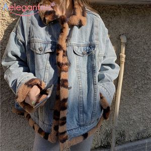 Aelegantmis Leopard Patchwork Faux Pelz Warme Doppel Seite Übergroße Denim Jacke Frauen Winter Weibliche Jeans 210607