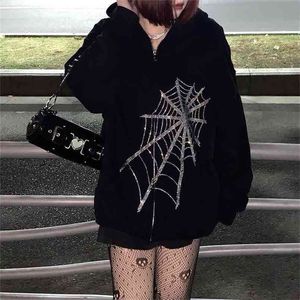 Gothic Black Punk Hooded Kvinnor Fairy Grunge Dark Academia Jacka Coat Harajuku Zipper Sweatshirts Emo Alt Kläder 210809