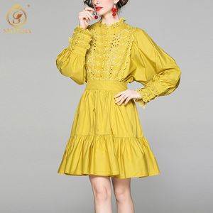 Spring Lace Patchwork Mini Dress Luxury Single Breasted Flower Hollow Out A Line Women Party Vestidos 210520