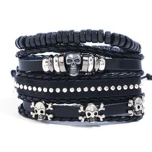 Bangle JessingsHow 4PC / set Justerbara läderarmband Män Flätade Svart Skull Kvinnor Träpärlor Charm Armband Smycken Gift