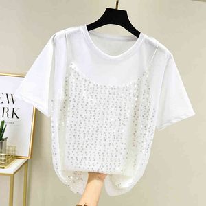 Fashion Sequins Two-Piece Short Sleeve T-shirt Rund Neck Style Casual White Blue Tshirts Kvinnor Toppar 61h 210420