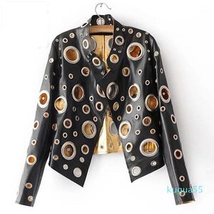 2020 Spring Personality PU Round Hole Women Jacket Gold Black Silver Color Stand Collar Long Sleeve Coat Leather Clothing Top1