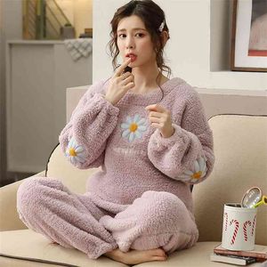 ATUENDO Set pigiama di seta viola caldo invernale per donna 100% velluto Atoff Home Flanella Indumenti da notte Moda Raso Morbido peluche Indumenti da letto 210809