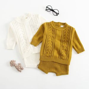 Spring Autumn Infant Baby Boys Girls Knit Long Sleeve Hollow-out Sweater + Shorts Pants Clothing Sets Kids Boy Girl Suit Clothes 210429