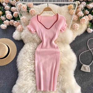 Frau Kleid Sommer Schlank Robe V-ausschnitt Kurzarm Bodycon Kleider Koreanische Süße Rosa Mini Gestrickte Vestidos Mujer 210515