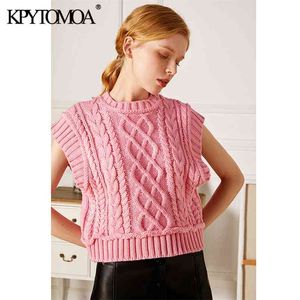 Women Sweet Fashion CabLe Knitted Cropped Vest Sweater High Neck Sleeveless Female Waistcoat Chic Tops 210420