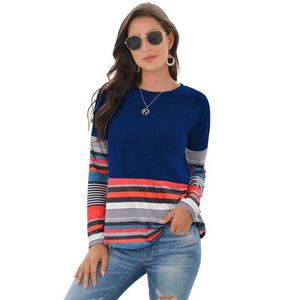 Summer Striped T Shirt Kobiety O-Neck Z Długim Rękawem Plus Size Vintage Damskie Topy Casual Streetwear Moda Koszulka Femme 210608