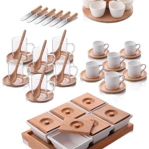 High Quality Wood Bamboo Breakfast Team Clamshell Tray Tea Set Mug Coffee Cup Sauce Spoon Knife Presentation Service 211112