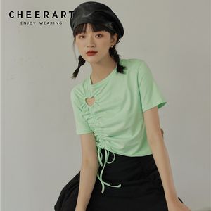 Neon Green DrawString Top Basic Tshirt Женщины Летняя футболка Повседневная Дизайнер Сердце Вырезать урожай Tee Femme 210427