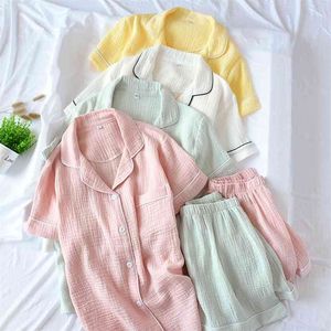 Sommer-Damen-Baumwoll-Doppelschicht-Kreppgaze-Kurzarm-Shorts-Pyjama-Anzug im japanischen Stil, große Heimservice-Damen 210830
