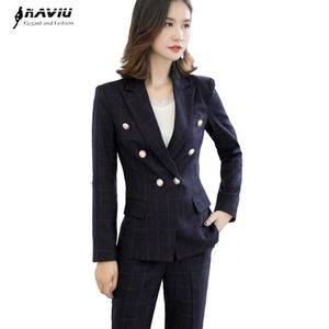 Naviu Arrives Fashion Two Piece Set Winter Outfit For Women Suit Plaid Blazer and Pants Formal Work Wear 210604