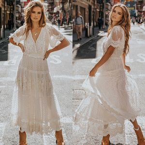 Czeski Biały Wzburzyć Koronki Drwomen Krótki Rękaw Single-Breasted Casual Boho Robe Sexy Maxi Długie Vestidos Swing Party Dresses X0621