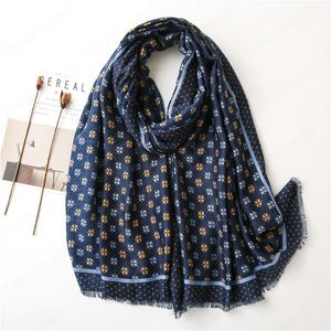 Moda Navy Niebieski Luksusowy Floral Fringe Wiskose Szalik Lady Soft Hidżab Szale i Okłady Fularne Echarpe Muzułmańskie Snood 180 * 90cm