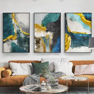 Абстрактное искусство холст живопись золотые и зеленые плакаты печатает современный минималистский синий стена искусства изображения для гостиной домашнего декора