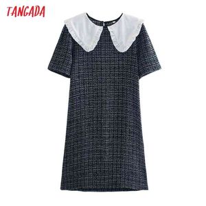 Sommar Kvinnor Tweed Peter Pan Collar Patchwork Kortärmad Ladies Mini Dress Vestidos CE232 210416