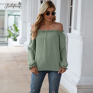 Toppar och blusar Kvinnor Casual Loose Solid Green Ruffle Off Shoulder Bomull och Linne Damer Skjortor Mode vår höst 210415