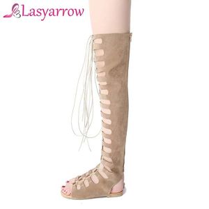 Wholesale thigh high gladiator shoes sandals resale online - Lasyarrow Women Sandals Summer Flats Sexy Thigh High Boots Gladiator Fashion Designer Hollow Lace Up Casual Shoes