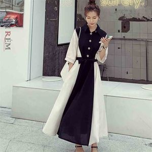 女性のためのステッチ色の長いドレスベルトの夏の襟の大きいサイズのドレスの韓国のファッション2d1675 210526