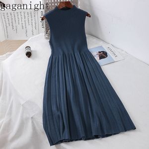 Gaganight Elegant Knitted Women Autumn Maxi Dress Stretch Sleeveless Tank O-neck Long Bodycon Dresses Ladies Casual Vintage Chic 210519