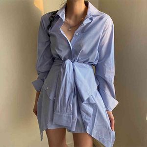 Frühling Weibliche Koreanische Chic Blau Strampler Elegante Drehen Unten Kragen Langarm Getäfelten Gestreiften Spitze Up Overall 16W550 210510