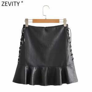 Kobiety Vintage Boczne Lace Up PU Skórzana Linia Spódnica Faldas Mujer Kobieta Wstecz Zipper Chic Hem Ruffles Vestidos Qun709 210416