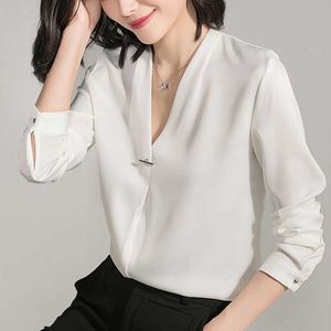 Imitation Silk Women Spring Autumn Style Office Work Blouses Shirts Lady Long Sleeve V-Neck Blusas Tops DF2271 210609