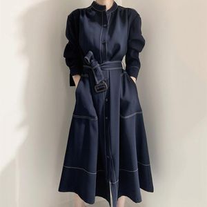 Trenchcoats för kvinnor Koreansk chic skjorta 2021 Elegant ståkrage öppen linje Enkelknäppt löst bandage Vindjacka Klänning Lång kjol Kvinna