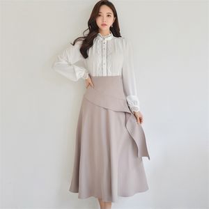 Escritório 2 peça conjunto Coreia senhoras camisa branca saia longa traje forma formal para mulheres roupas 210602
