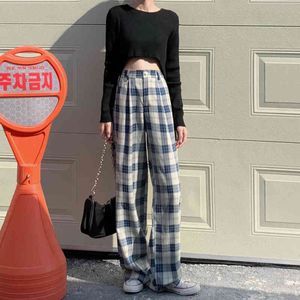 Vår och höst Casual Loose Plaid Shirt + Elastic Waist Wide Ben Pants 210514