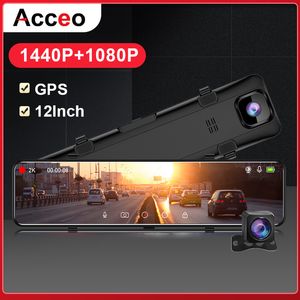 Acceo A46 carro DVR 12 polegada vista traseira espelho 2k traço câmera dual lente gravador de vídeo visão noturna registrador DVRS GPS