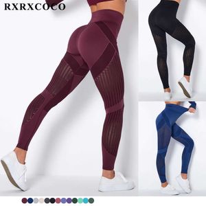 RXRXCOCO 15% Spandex Bubble Butt High Paist Seamless Legginsy Push Up Spodnie Elastyczne Hollow Out Fittness Sport Legginsy Kobiety