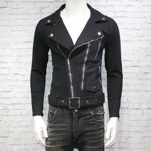 Erkek Ceketler 2021 Moda Ince Denim Ceket Fermuar Biker Coat Siyah