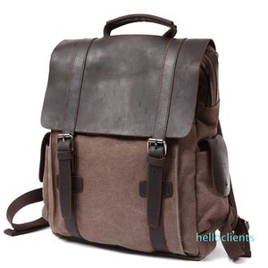 Genuine Leather Canvas Backpack Vintage School Backpack College Rucksack Unisex 15.6" Laptop Bag, Four Colors Available