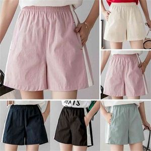 Mulheres coreanas verão shorts listrado cintura alta linho perna larga casual sportswear 210722