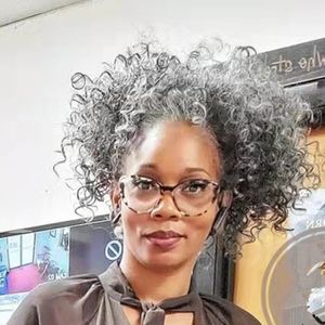 afro kinky curly grey real hair pony tail hairpiece drawstring clip in Dye free natural highlight salt and pepper gray human ponytail